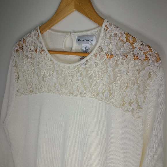 Vtg Rena Rowan Ivory Knit Lace Pearl Embellished Knit Blouse Top Womens Size L - Picture 2 of 8